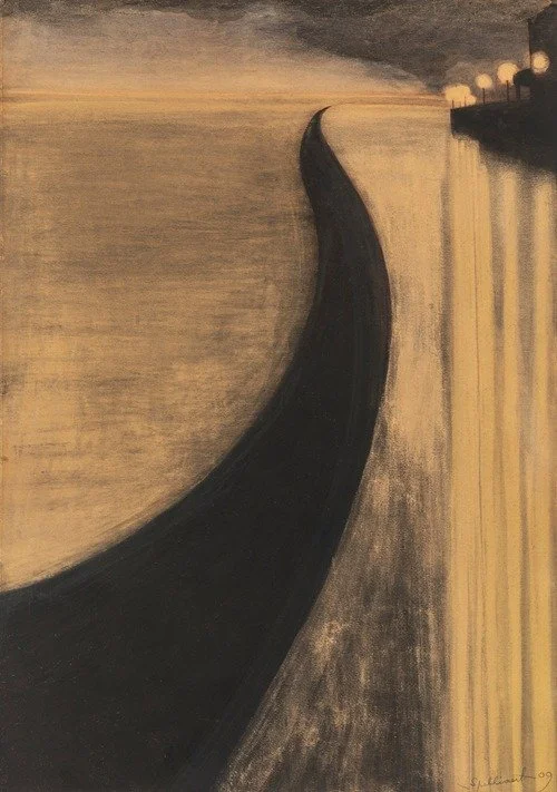 A surreal painting of a curved dark road or barrier extending from a beige foreground towards a distant pier with lamps, under a cloudy sky.