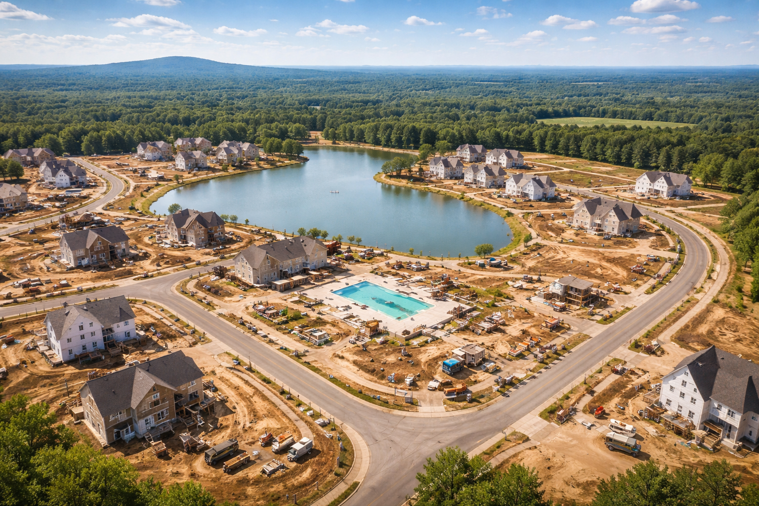 Aerial view of a suburban housing development under construction around a lake, with streets, houses, a swimming pool, and lots of construction materials and vehicles.