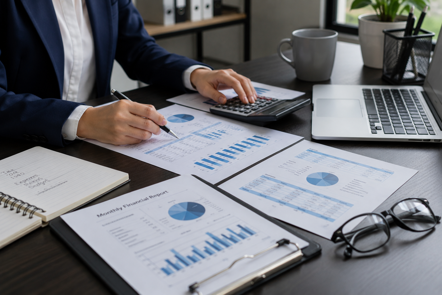 Professional bookkeeping and accounting workspace with financial documents, laptop, and calculator