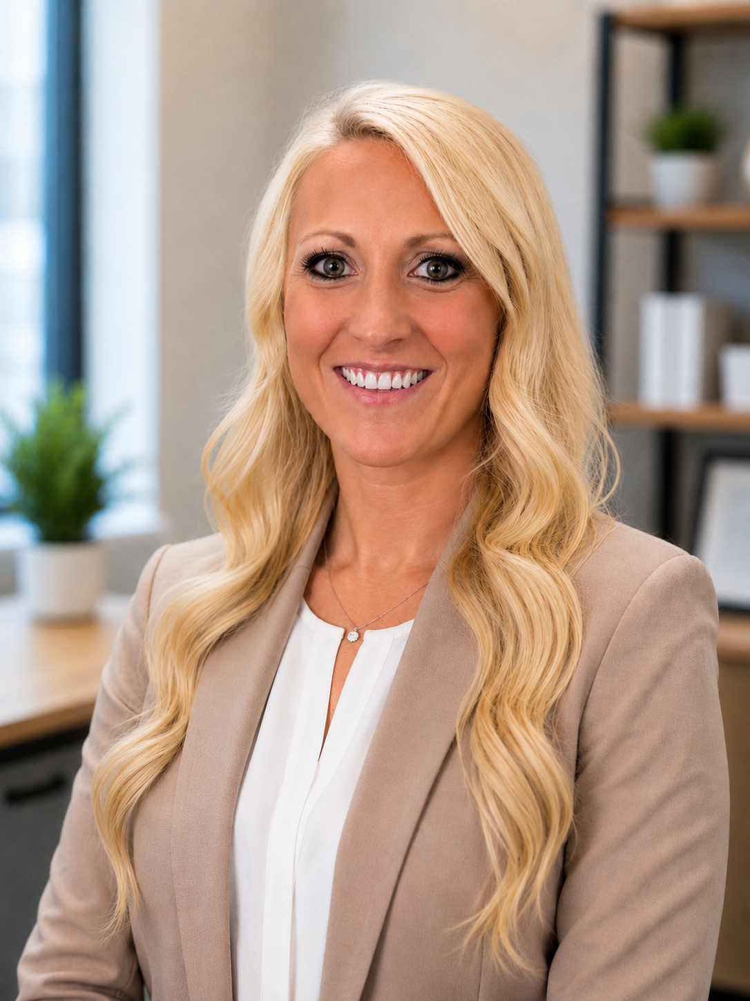 A professional woman with long blonde hair smiling in an office setting with bookshelves and plants in the background.