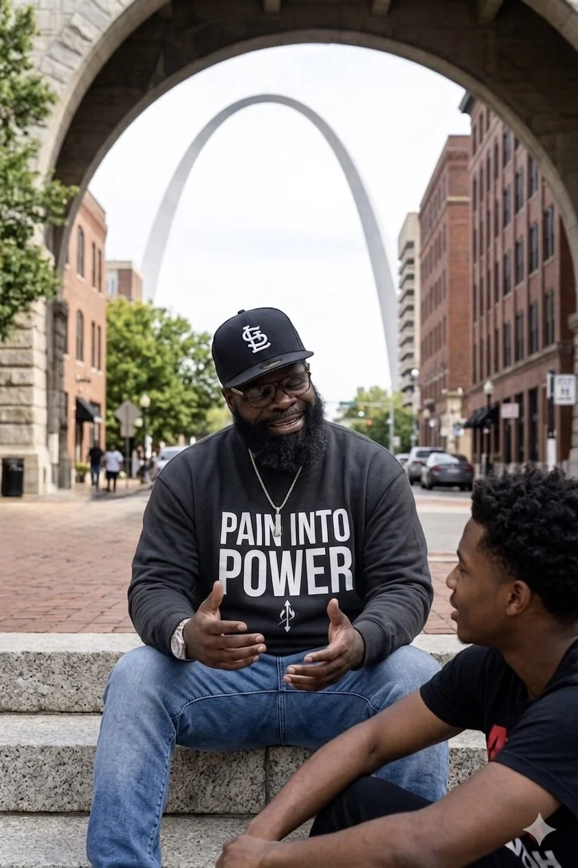 Two men sitting on steps and having a conversation outdoors in front of the Gateway Arch in St. Louis. One man is wearing a black cap, glasses, and a black sweatshirt that says 'PAIN INTO POWER'. The other man is wearing a black T-shirt and listening attentively.