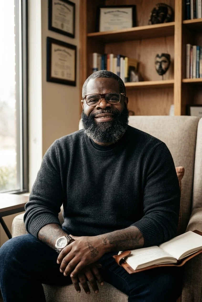 A smiling man with glasses, a beard, and tattoos, wearing a black sweater, sitting indoors near a window with a book on his lap in a cozy room with wooden shelves and framed certificates on the wall.