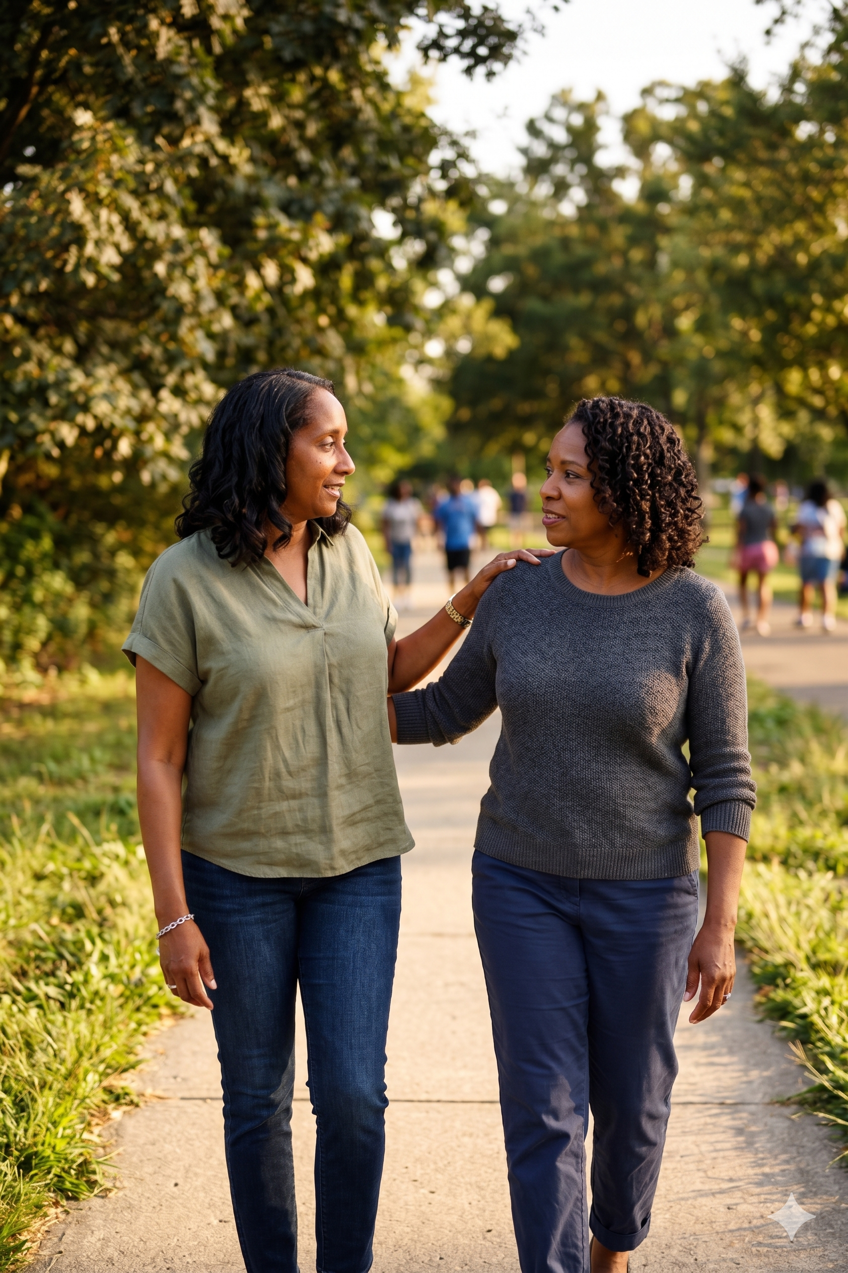 Two women walking in a park, talking, with one woman gently touching the other's shoulder. Sunlight filters through the trees, creating a warm, outdoor atmosphere.