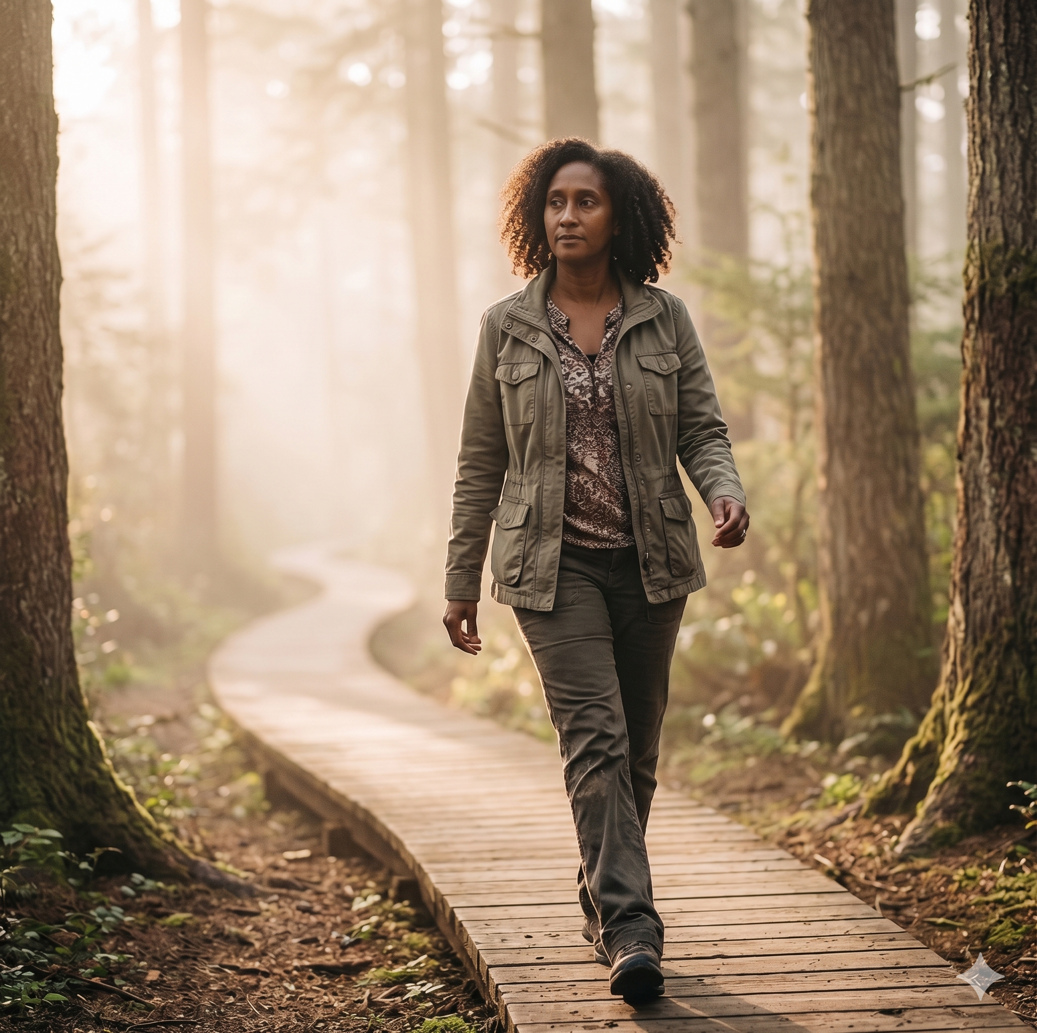 A woman with curly hair walking on a wooden pathway through a forest with tall trees and sunlight filtering through.