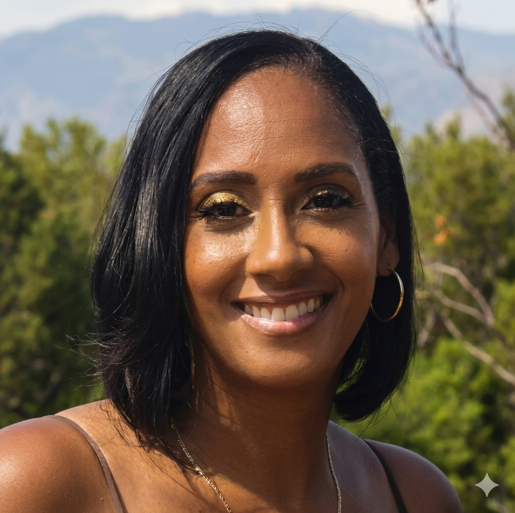 A woman smiling outdoors with trees and mountains in the background.