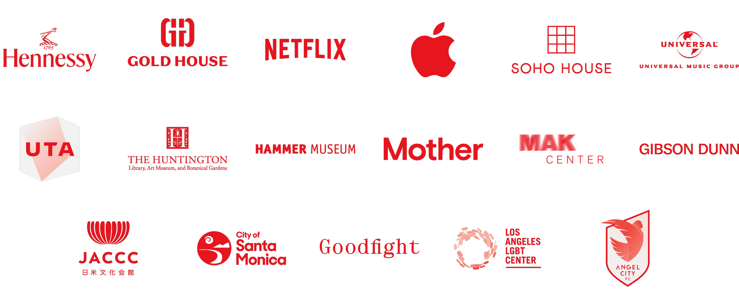 A digital collage of various logos of entertainment, cultural, and social organizations in Los Angeles, California, including Netflix, Apple, Hennessy, Universal, and others, set against a black background.