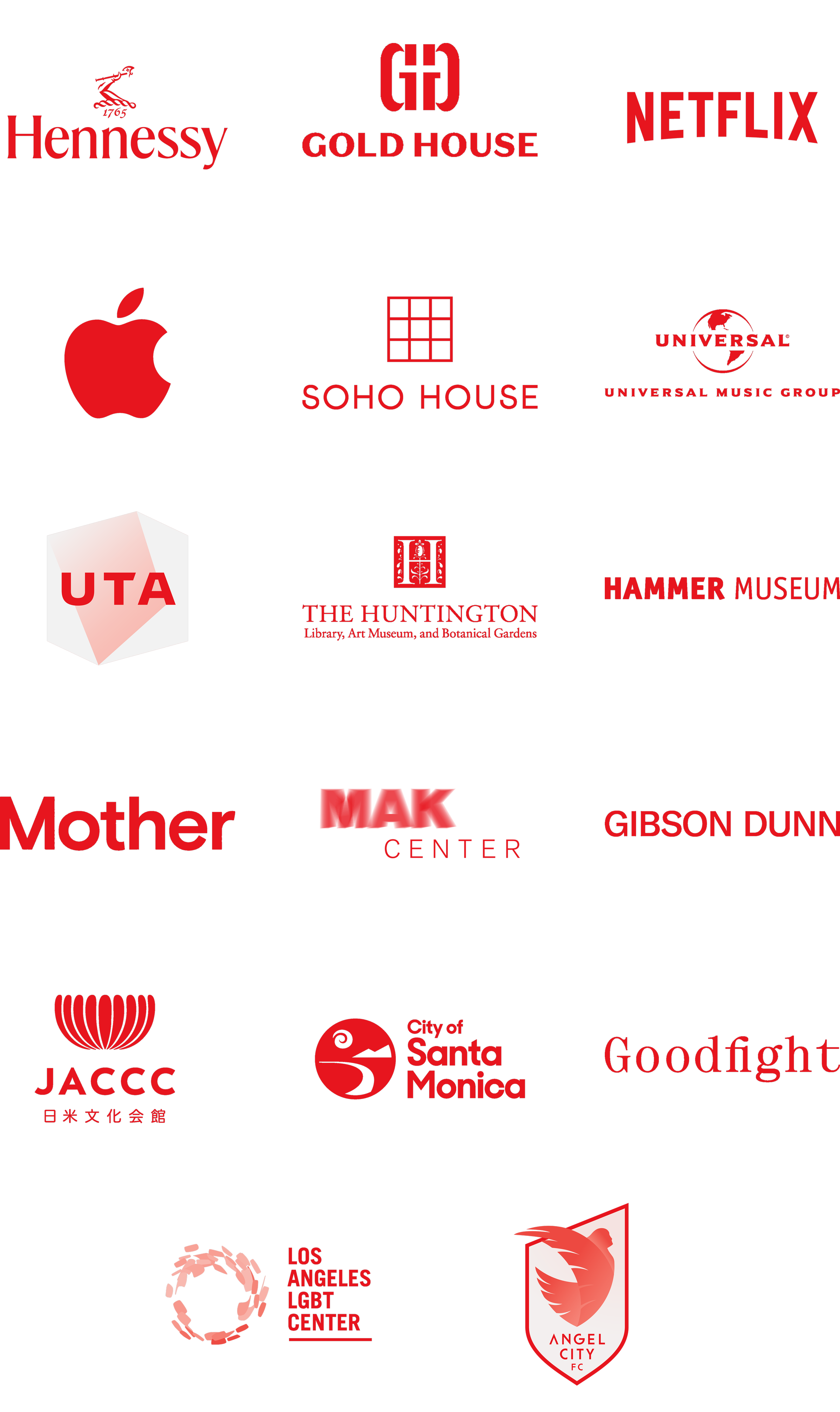 A collage of logos representing various companies, organizations, and locations. Visible logos include Hennessy, Netflix, Apple, Universal Music Group, UTA, The Huntington, Hammer Museum, LA County Museum of Art, City of Santa Monica, JACC, Angel City FC, and others, arranged on a black background with red accents.