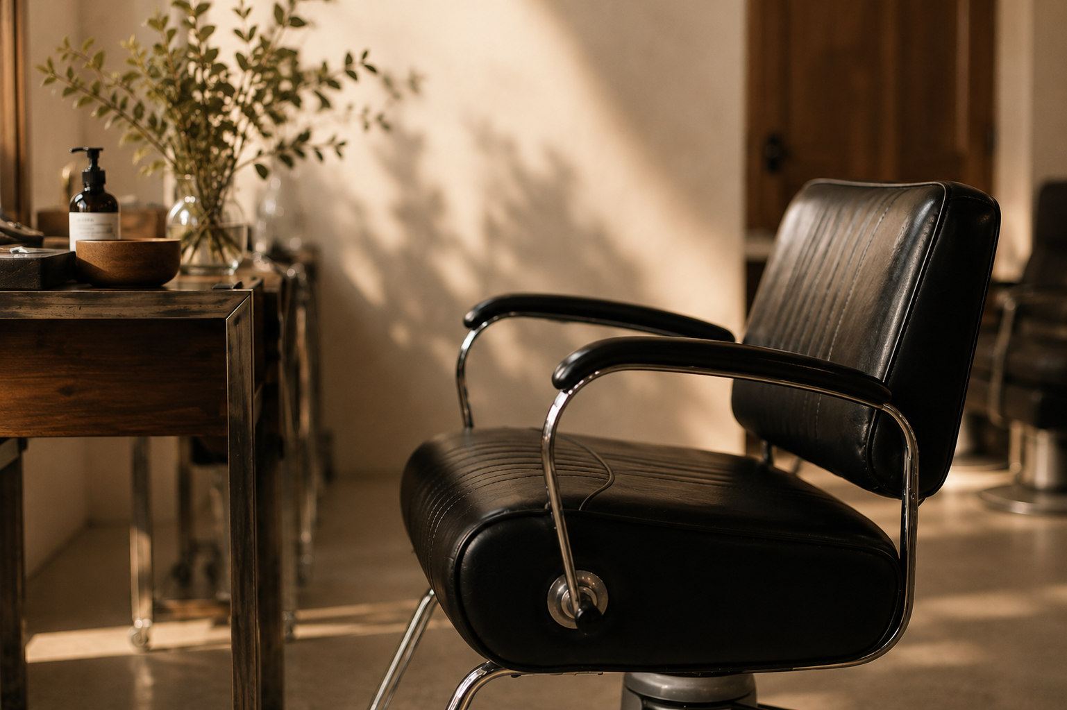 A black leather salon chair with metal armrests in a salon or barbershop, next to a wooden table with a small plant and a pump soap dispenser, with a warm, softly lit background.