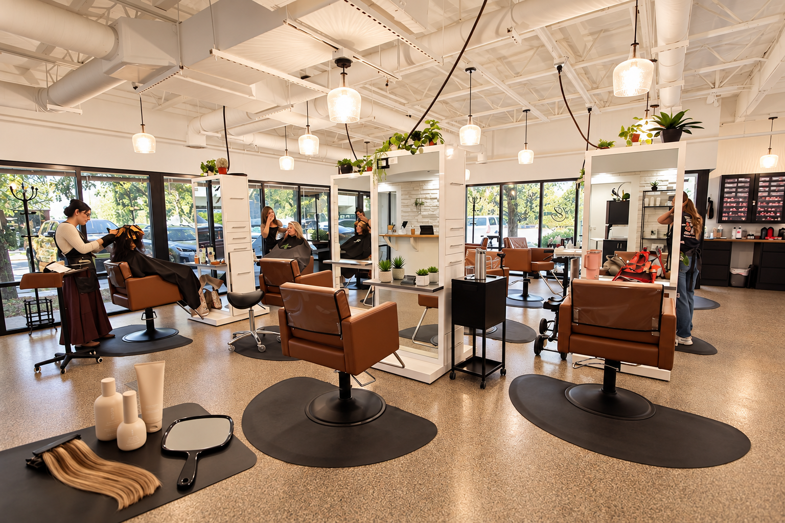 Inside a modern hair salon with multiple styling stations, clients getting haircuts, and hairstylists working on their hair. The salon has large windows, pendant lights, and decorative plants.