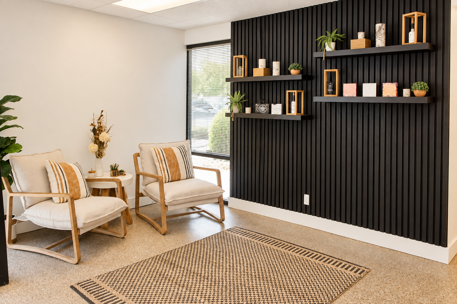 A cozy waiting room with two beige armchairs and a small white round table between them, decorated with a vase of dried flowers and small decorative items. There is a large window with blinds behind the chairs, and a black slatted accent wall with floating shelves holding plants, candles, and decor. A patterned rug covers part of the beige carpeted floor.