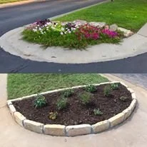 Top: Flower bed with pink and white flowers surrounded by a concrete border. Bottom: Empty flower bed with small plants and a barrier of white bricks.