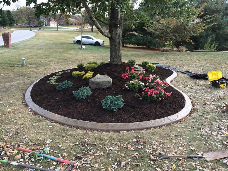 A landscaped flower bed with a tree in the center, surrounded by colorful flowers and shrubs, with a curved border made of bricks, in a yard with a lawn and a street in the background.