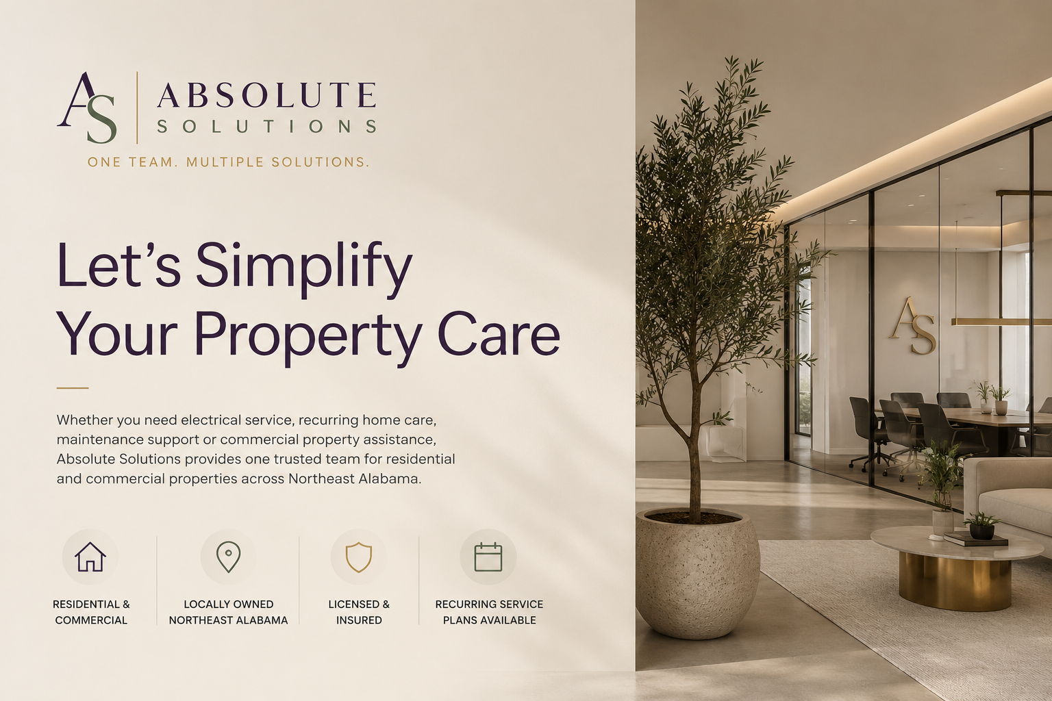 A modern office reception area with a potted tree, beige walls, and seating, featuring a logo on the glass wall reading 'AS' and marketing material for Absolute Solutions on a nearby wall.