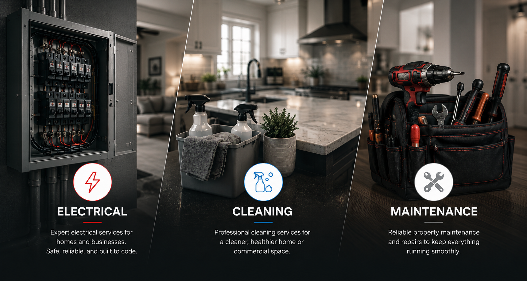 Split image showing three sections with icons and text. The first section has an electrical panel with a red lightning bolt icon labeled 'Electrical' and text about expert electrical services. The middle section shows cleaning supplies on a kitchen island with a blue spray bottle icon labeled 'Cleaning' and text about professional cleaning services. The third section shows a toolbox with tools and a wrench icon labeled 'Maintenance' and text on property maintenance and repairs.