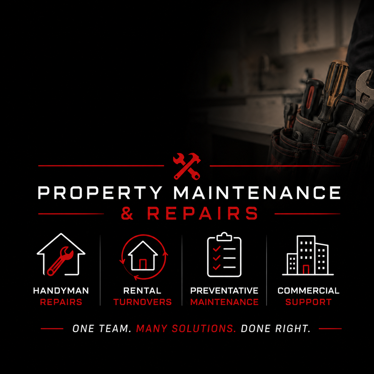 Graphic for property maintenance and repairs services, featuring icons and text for handyman repairs, rental turnovers, preventative maintenance, and commercial support, with a tool belt and tools partially visible in the background.