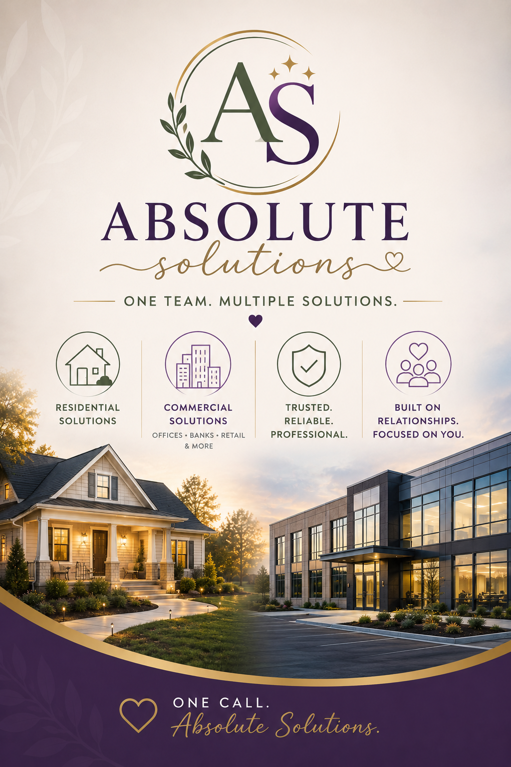 Poster for Absolute Solutions showcasing residential and commercial real estate services. It features images of a house and a commercial building, with text highlighting trust, reliability, professionalism, and relationship focus.
