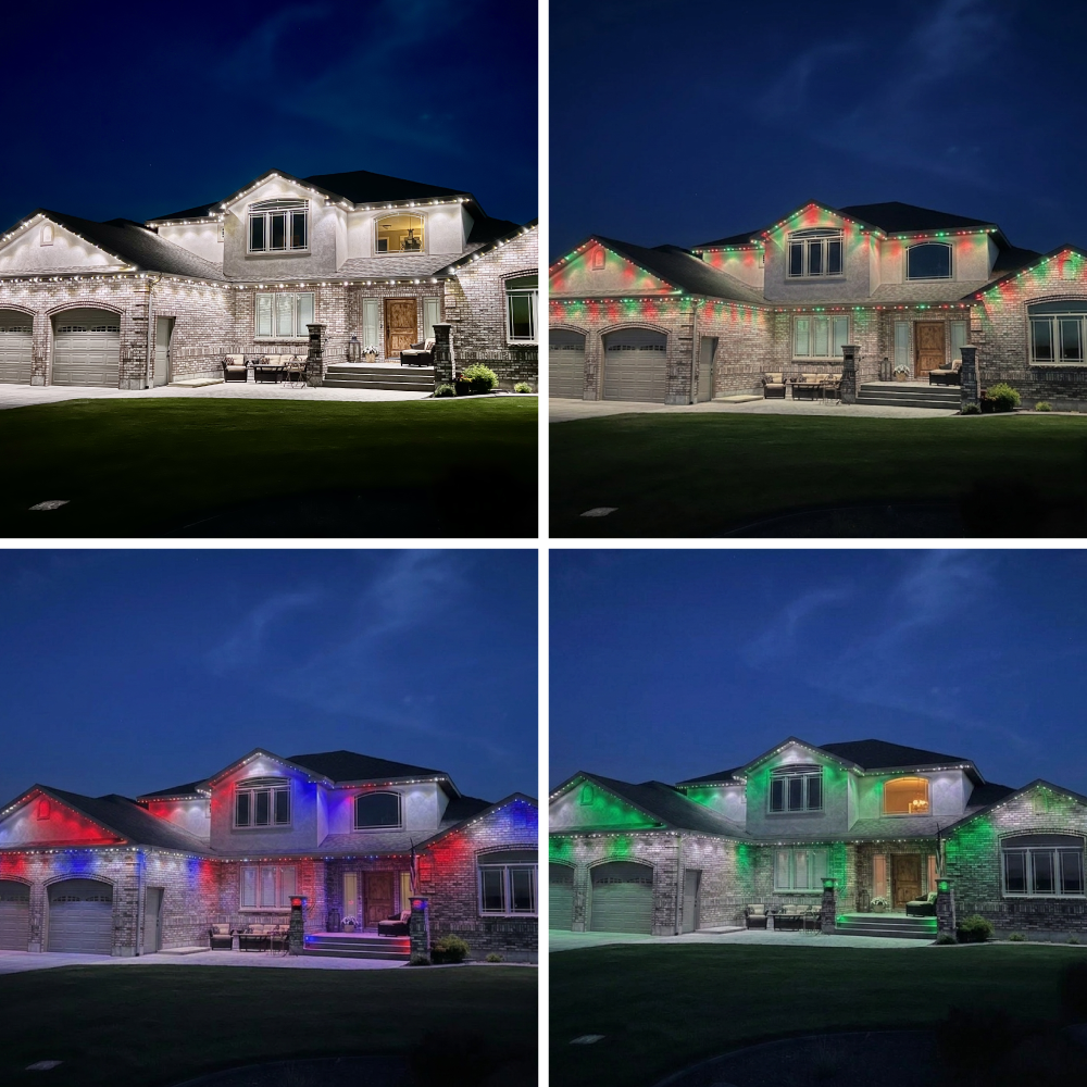 Four images of a house decorated with Christmas lights at night, showing different colors: white, multicolored, red and blue, and green lights.