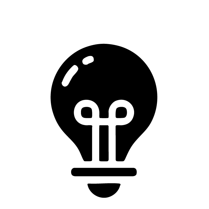 Simple black and white icon of a light bulb with rays around it, symbolizing an idea or innovation.
