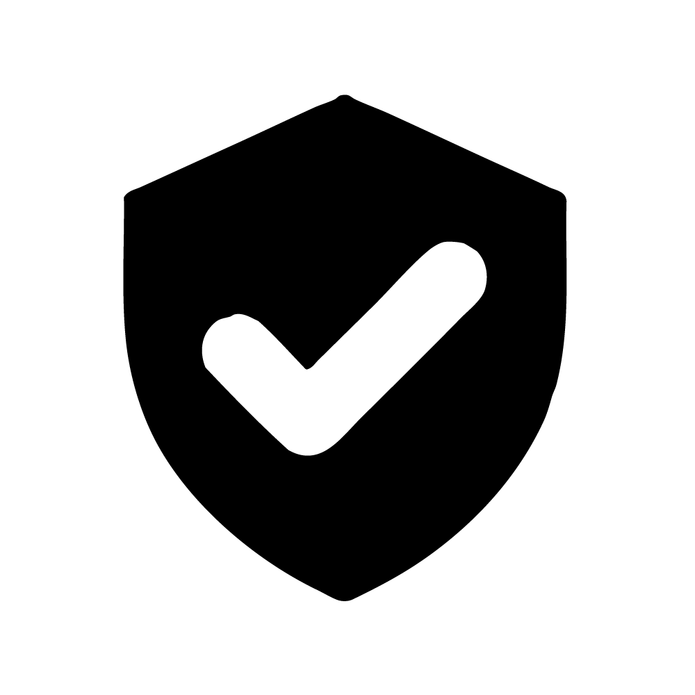 Black shield emblem with a white check mark in the center.