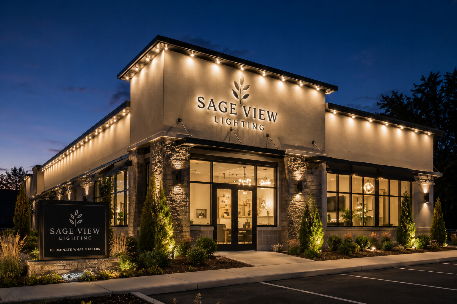Exterior of Sage View Lighting store illuminated at dusk with signage, large windows revealing interior lighting, and landscaped front with small trees and plants.