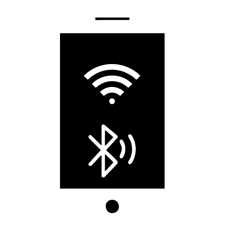 Black and white icon of a smartphone with Wi-Fi and Bluetooth symbols displayed on the screen.