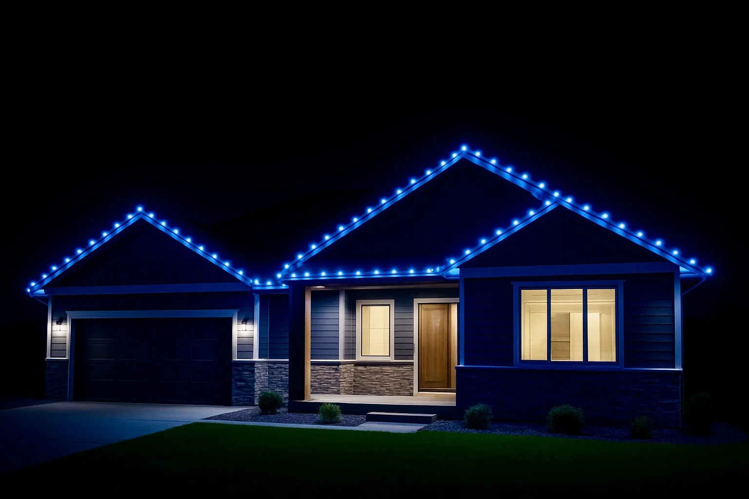 A modern house at night with blue string lights outlining the roofline, illuminated windows, and a garage door, with a small yard and shrubs in front.