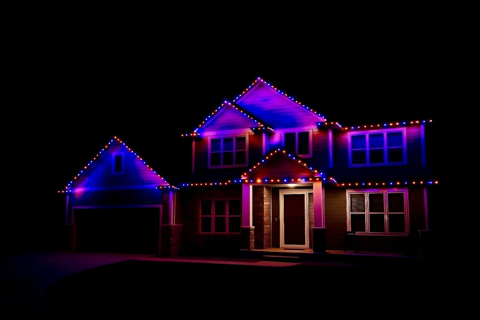 A house decorated with colorful string lights at night, with blue and purple lights outlining the roof and windows.