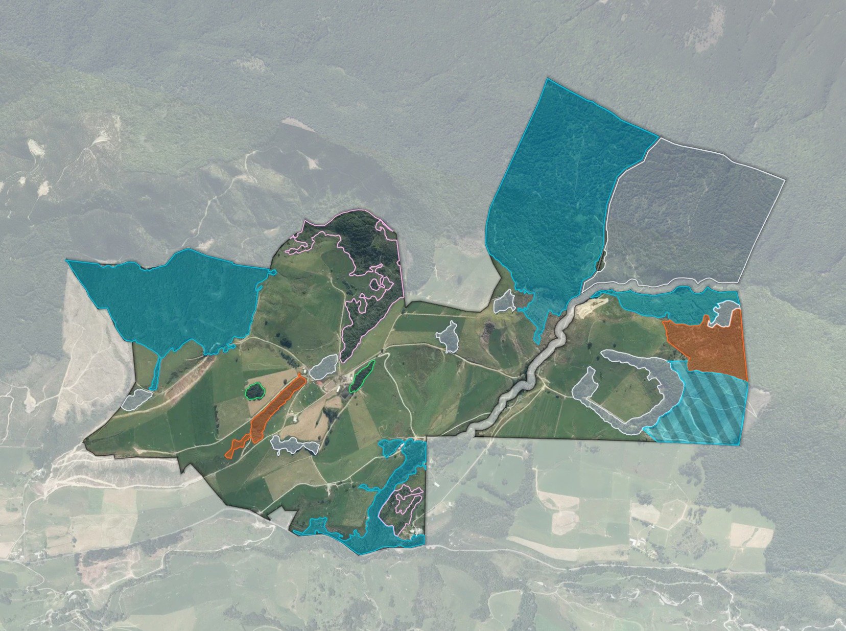 Map of a large farm area with multiple areas outlined and color-coded for carbon credits.