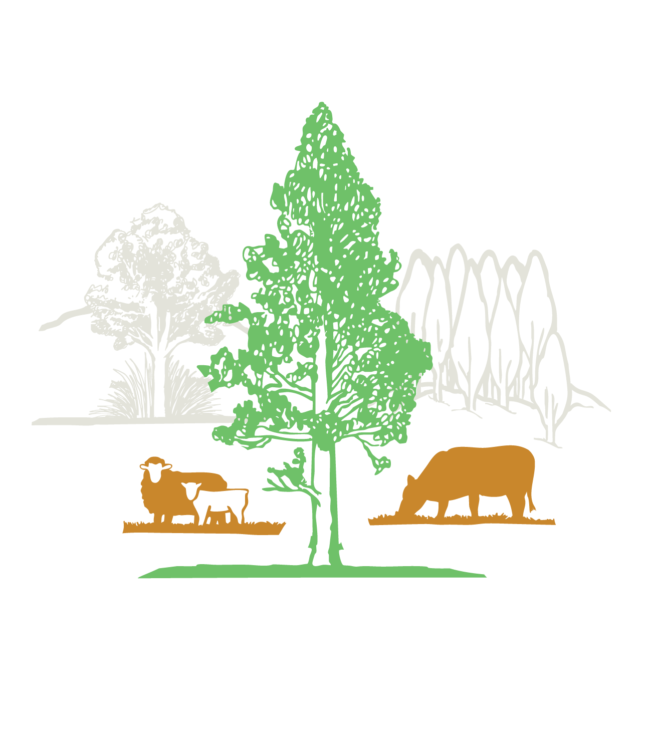 Silhouette illustration of three different trees, farm animals including a cow, calf, and sheep. Carbonfields Logo Mark.