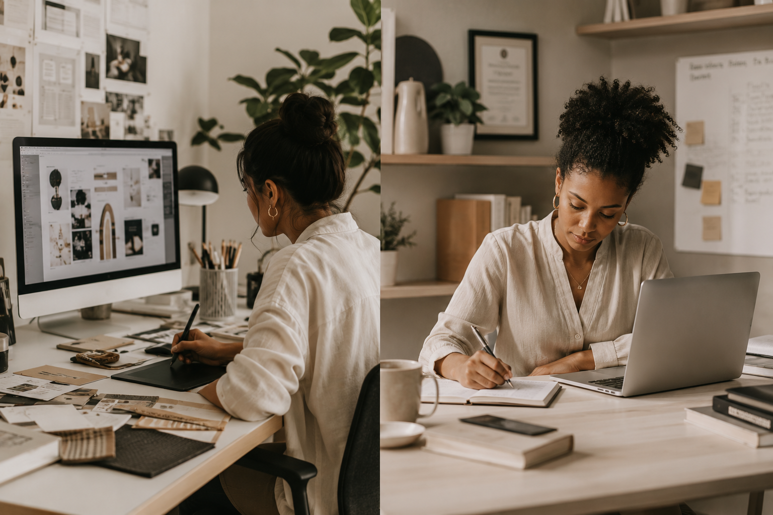 Two women working at desks in separate rooms, focused on their tasks. The woman on the left uses a graphics tablet and a computer, surrounded by design materials. The woman on the right writes in a notebook with a laptop open in front of her, with books and a coffee mug nearby.