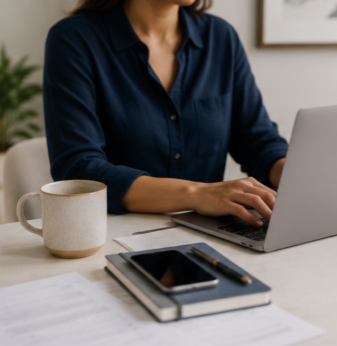 A person wearing a navy blue shirt working on a silver laptop at a white desk with a white coffee mug, a smartphone, a closed notebook, and a pen.