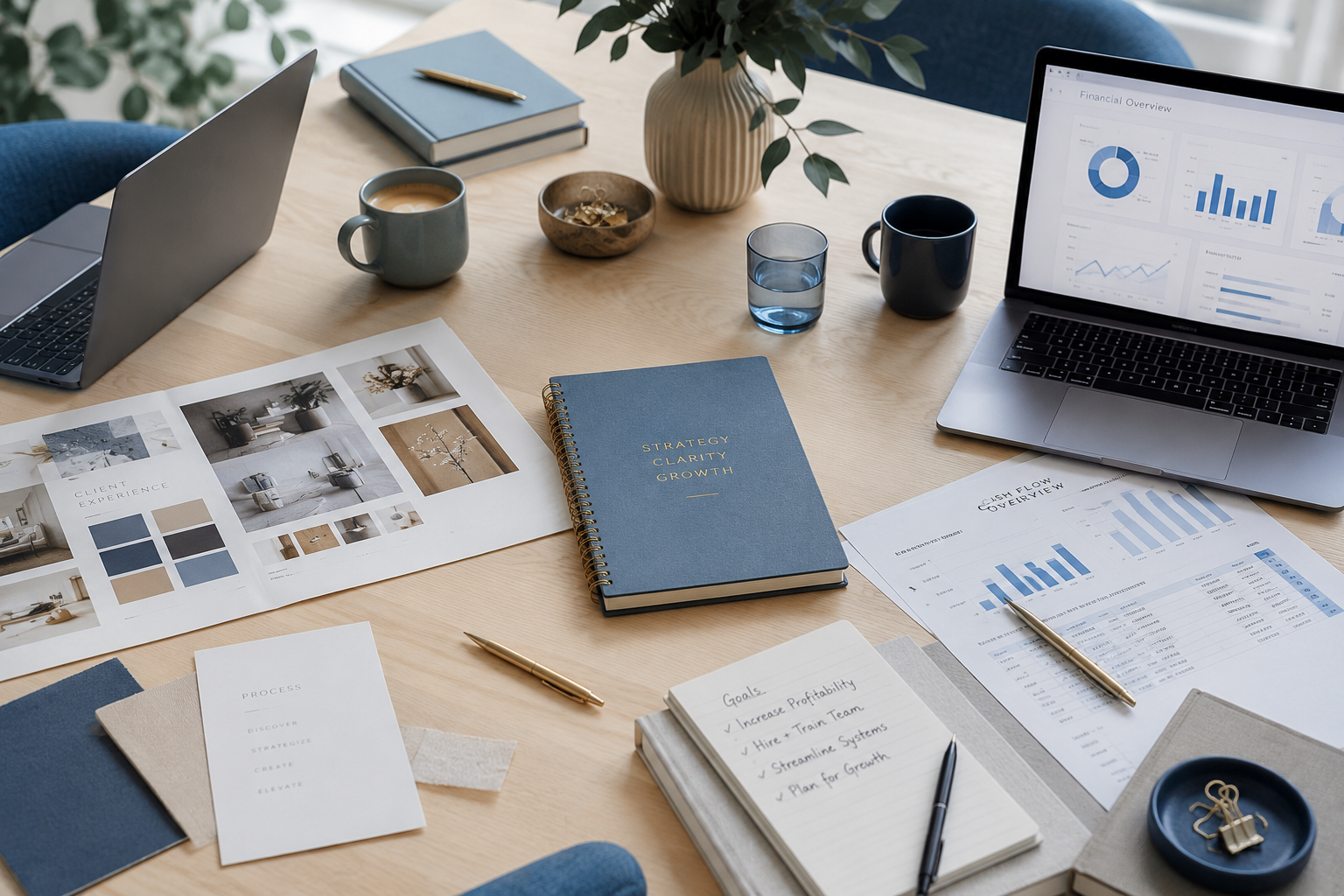 A desk with two open laptops displaying charts, a blue notebook titled "Strategy Clarity Growth," printed reports with graphs, a printed mood board of interior design images, a notepad with handwritten goals, pens, paper clips, cups of coffee, a glass of water, a potted plant, and stationery items.