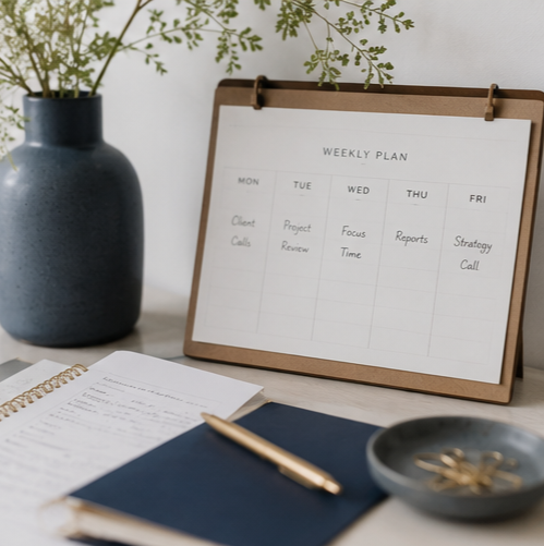 A weekly planner on a desk with a notebook, pen, and a small dish with paperclips. There is a tall black vase with greenery and a white wall in the background.