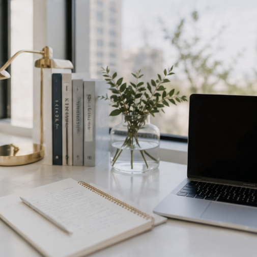 Office desk with a spiral notebook, pen, a row of books, a glass vase with greenery, a laptop, and a window showing trees outside.