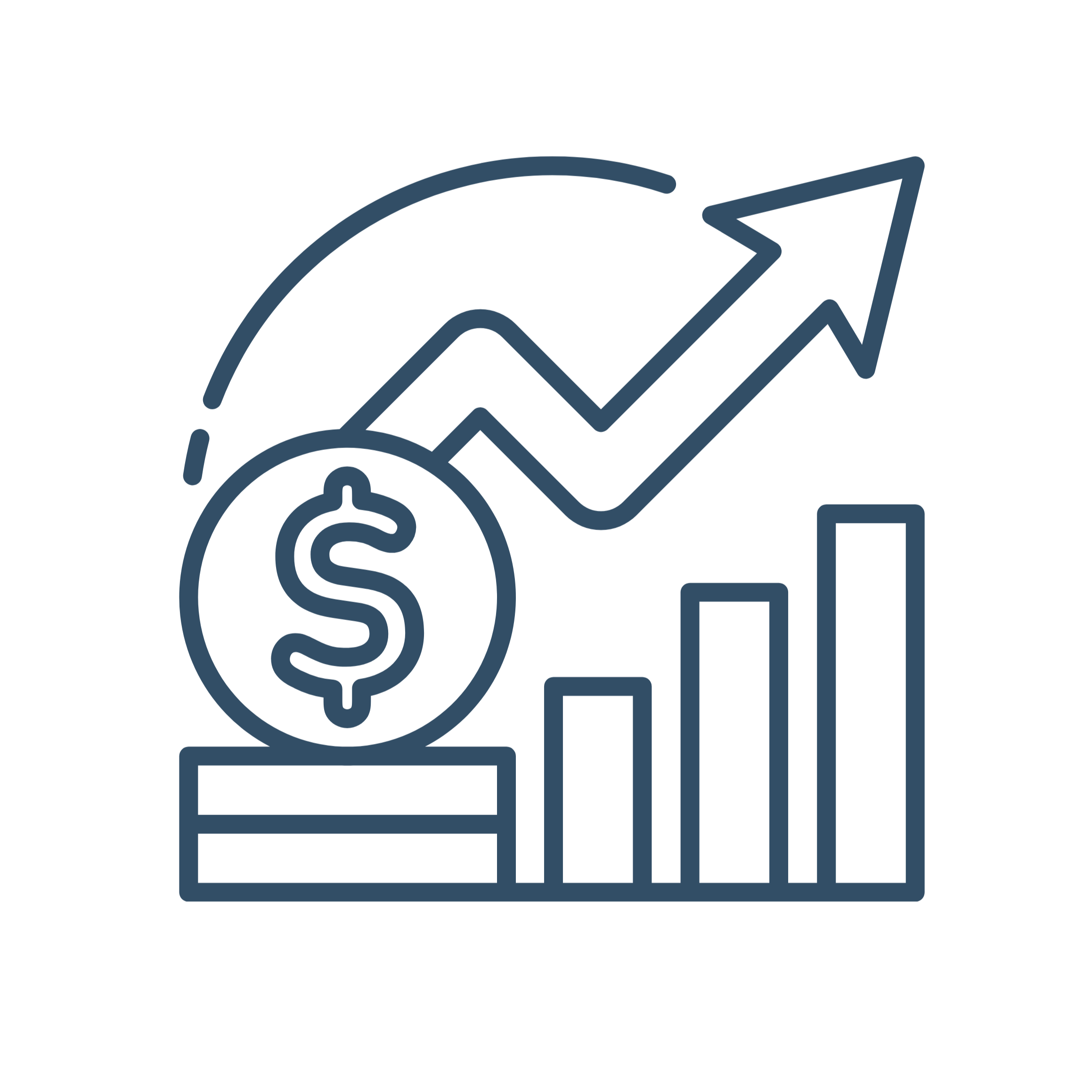 Illustration of a rocket launching with a dollar sign inside a target, currency symbols, and a price tag, representing financial growth or investment in space or technology.