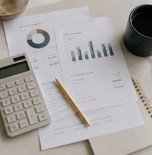 Business reports with pie chart and bar graph, calculator, gold pen, spiral notebook, mug of coffee, and a bowl of cereal on white desk.