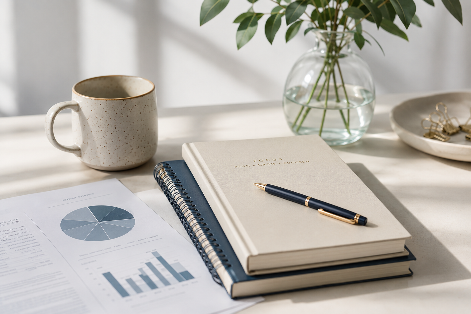 A workspace with a planner and notebook on a white desk, a black and gold pen, a coffee mug, a pie chart, a bar graph, a vase with green leaves, and a bowl with binder clips.