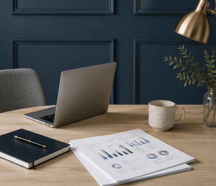 A wooden desk with a silver laptop, a closed black notebook with a gold pen on top, printed graphs and charts, a speckled ceramic coffee mug, a glass vase with green leaves, and a gold desk lamp against a dark blue paneled wall.