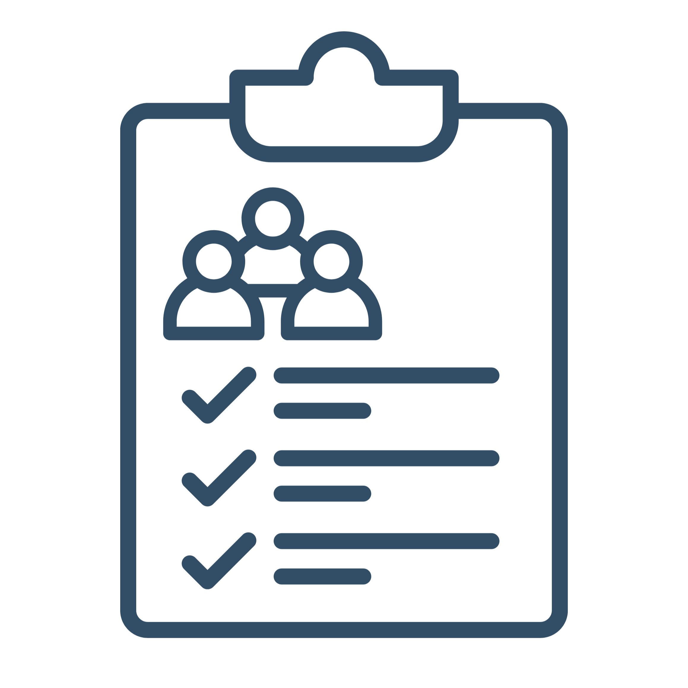 Outline of a clipboard with three people icons and a checkmark.