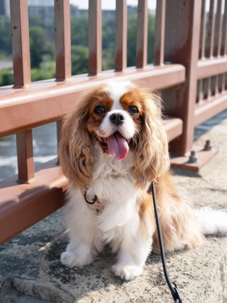 A happy Cavalier King Charles Spaniel with long ears and a white and brown coat sitting on a concrete surface near a brown metal railing, with a green and blue landscape background.