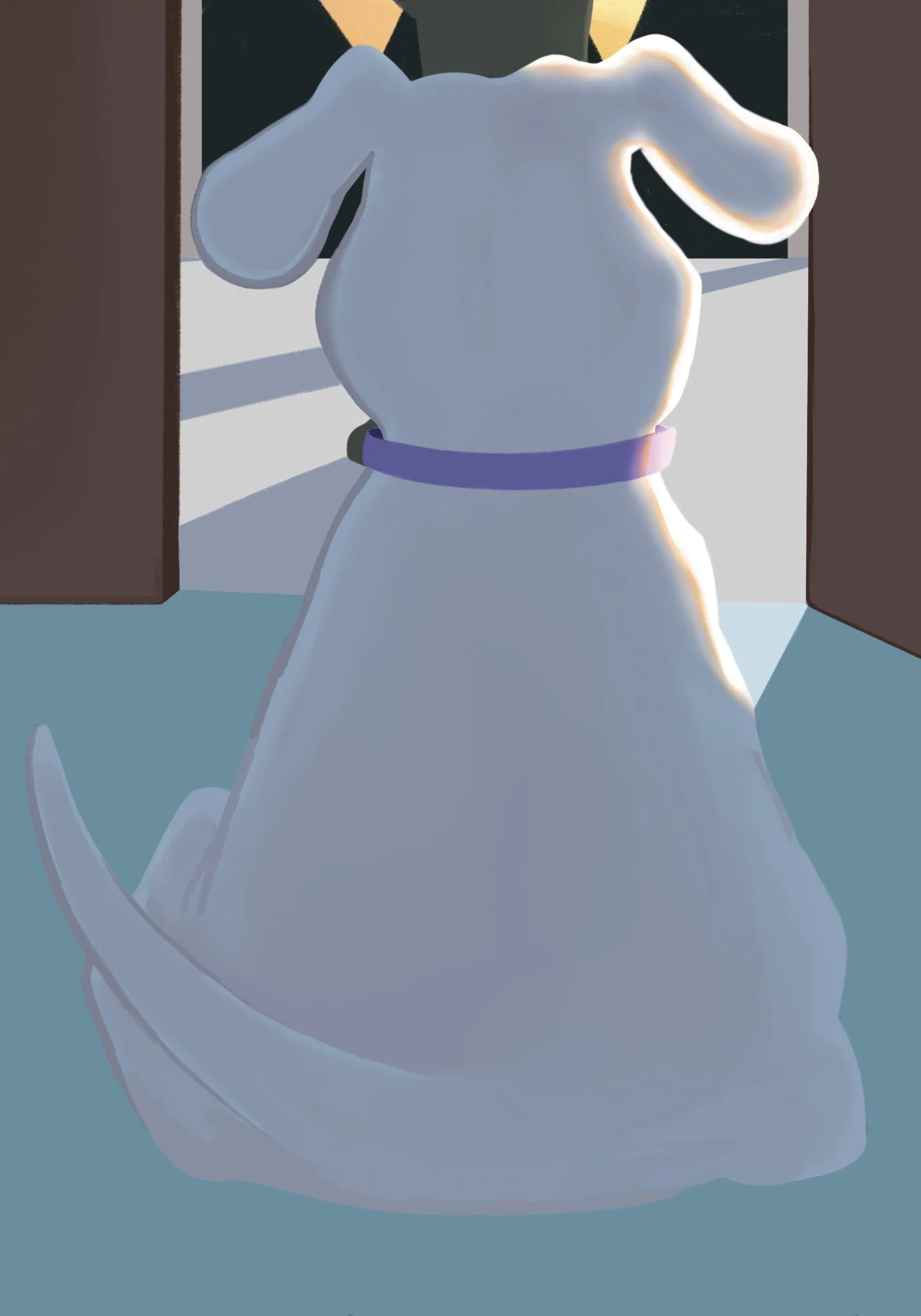 Illustration of the back of a white cartoon dog with a purple collar. He's sitting and staring through an open door.