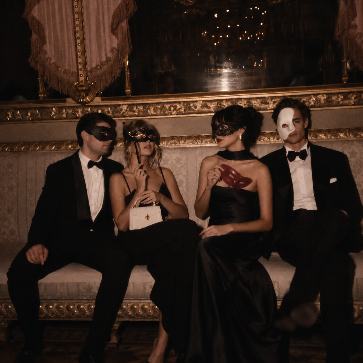 Four people in tuxedos and evening dresses wearing masks, sitting on a fancy sofa at a masquerade ball.