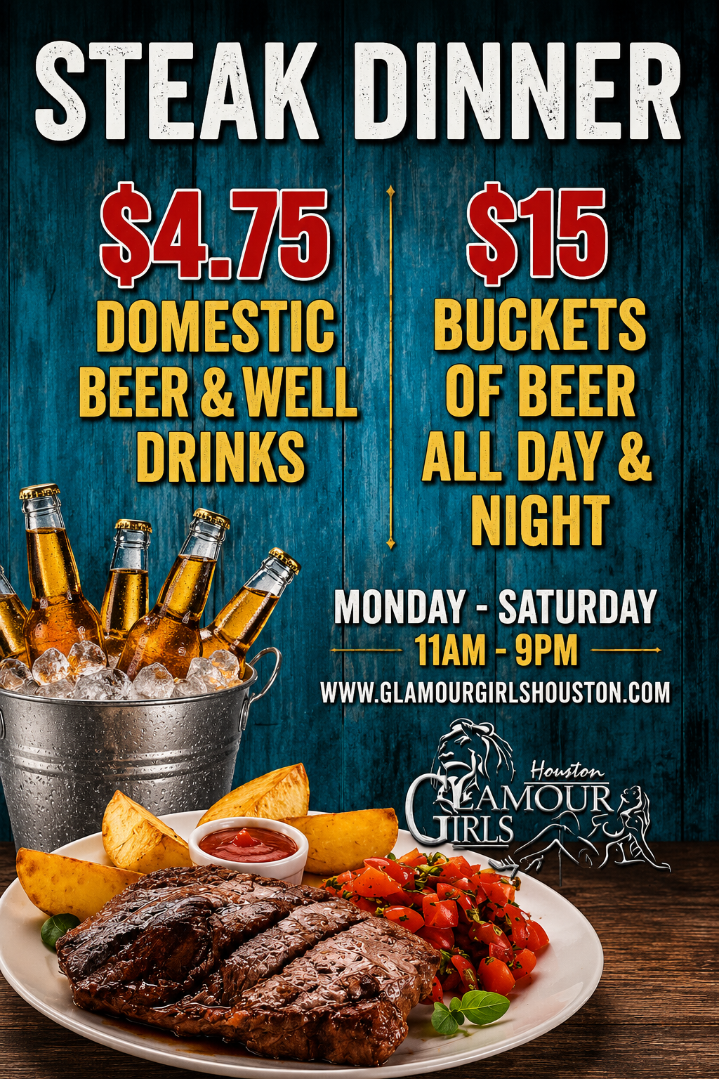 Sign advertising steak dinner prices, with a platter of steak, potato wedges, tomato salad, and a bowl of ketchup in the foreground, and bottled beer in icy bucket in the background.