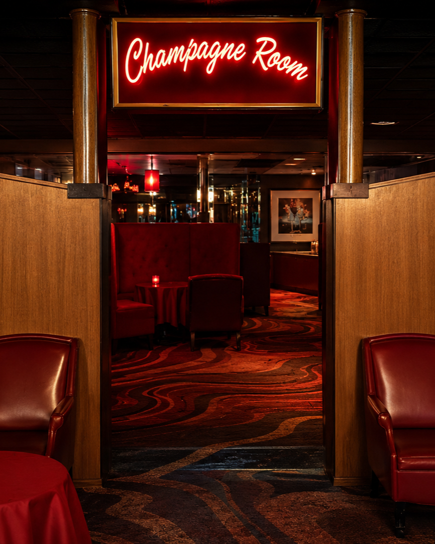 Entrance to a lounge area with a neon sign that reads 'Champagne Room' above the doorway, with red booths and chairs inside.