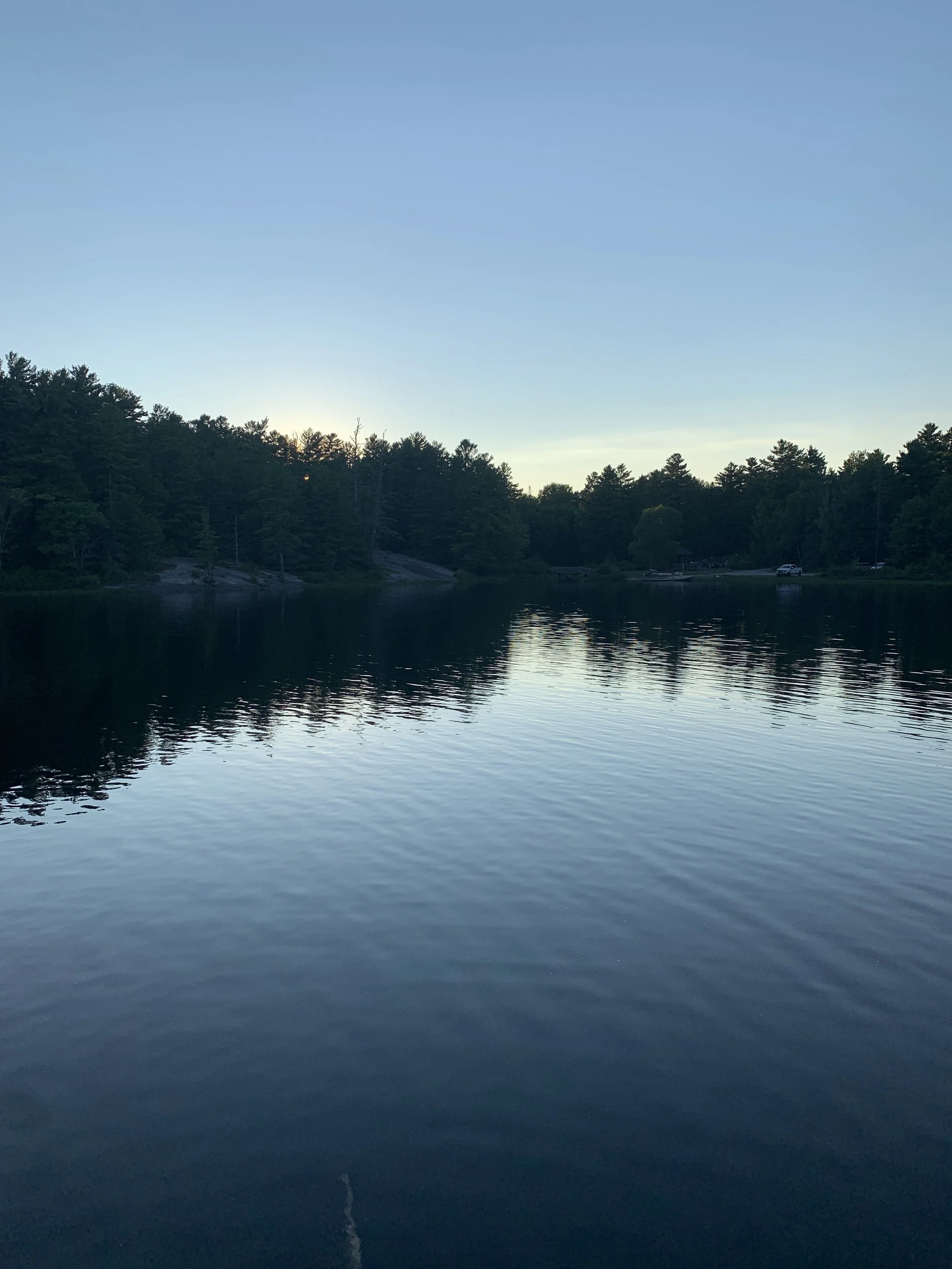 Calm lake with dark water, surrounded by dense green trees, under a clear blue sky with the sun setting behind the trees.
