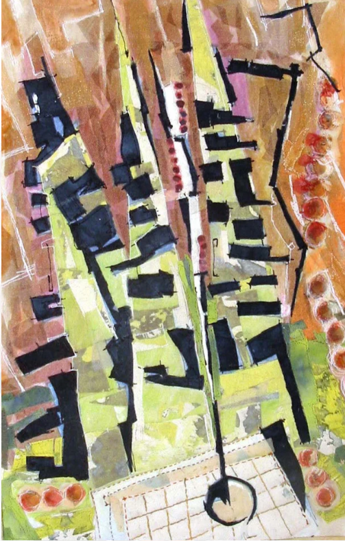 An abstract painting with geometric shapes in black, green, yellow, red, and purple, arranged in a composition with a small grid pattern at the bottom and red circular dots along the right side.