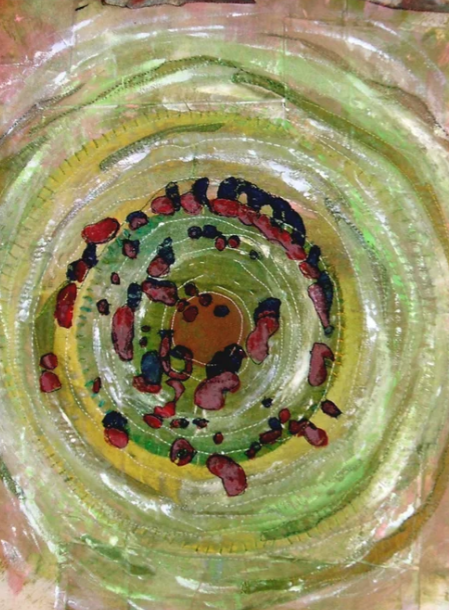 Abstract painting with concentric circles in green, yellow, and brown, featuring scattered red and dark-colored spots.