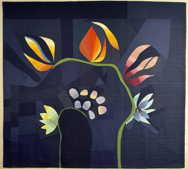 Abstract floral artwork with stylized lotus flowers and buds on a dark background.