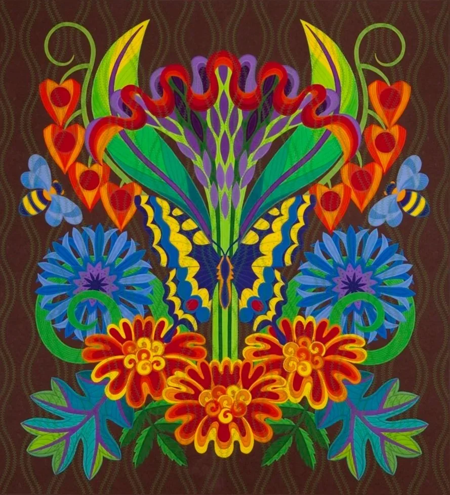 Colorful neon-style artwork of a butterfly with floral and nature-inspired elements, set against a brown background.
