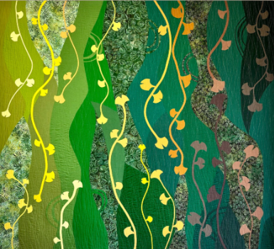 Colorful abstract pattern with wavy vertical lines in shades of green, yellow, orange, and brown, featuring leaf-like shapes and textured details.